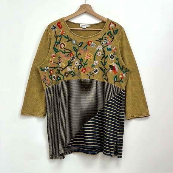 Coldwater Creek Tops - Coldwater Creek Floral Embroidered Long Sleeve Top - Mustard and Black